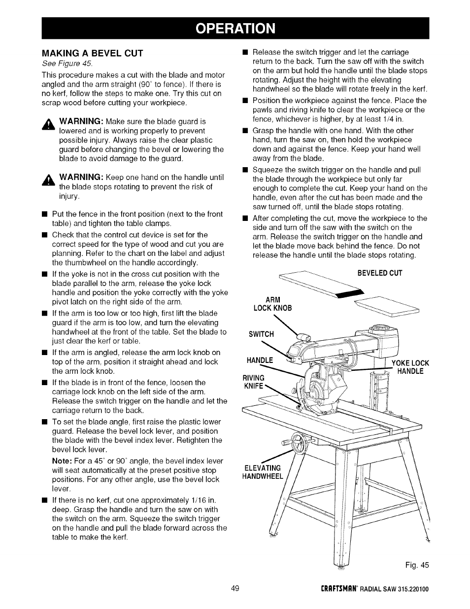 Operation | Sears 315.220100 User Manual | Page 49 / 86