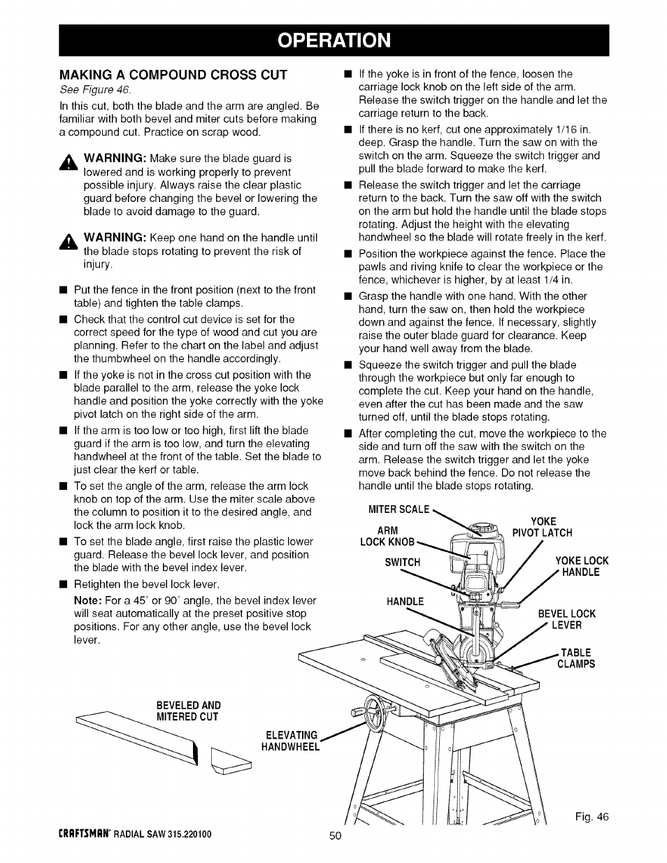 Operation, Making a compound cross cut | Sears 315.220100 User Manual | Page 50 / 86