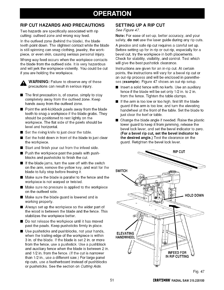 Rip cut hazards and precautions, Operation | Sears 315.220100 User Manual | Page 51 / 86