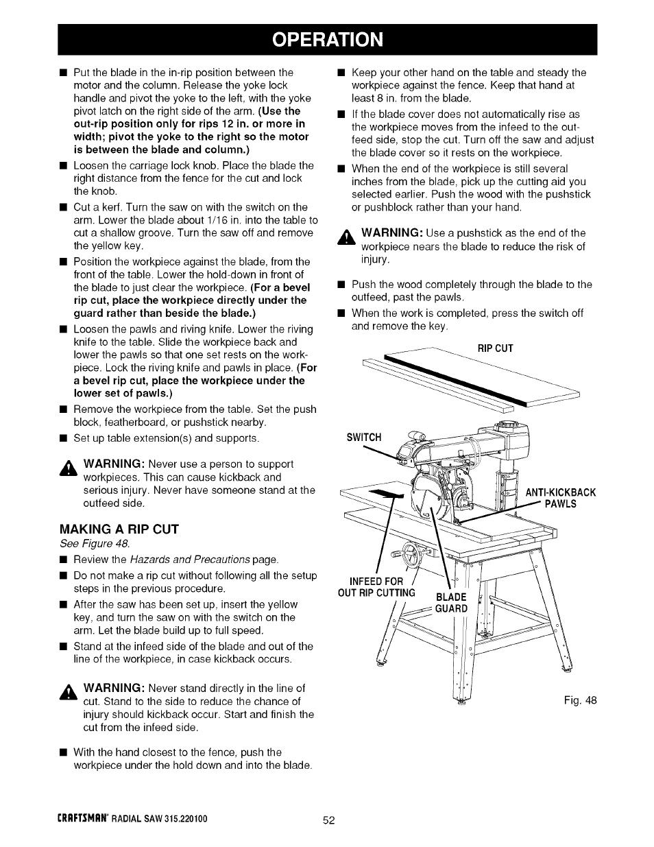 Operation | Sears 315.220100 User Manual | Page 52 / 86