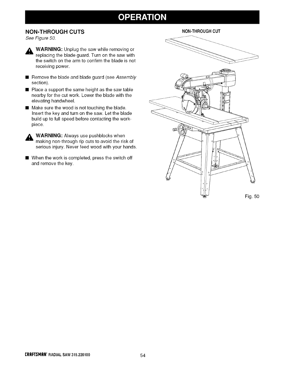 Non-through cuts, Operation | Sears 315.220100 User Manual | Page 54 / 86