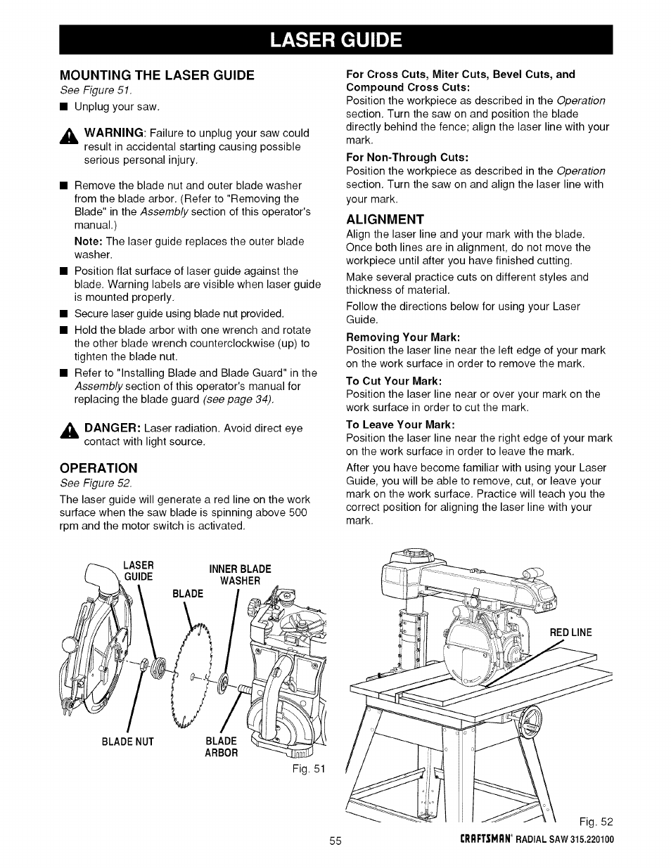 Laser guide, Mounting the laser guide, Operation | Alignment, Operation -54, Laser guide -56 | Sears 315.220100 User Manual | Page 55 / 86