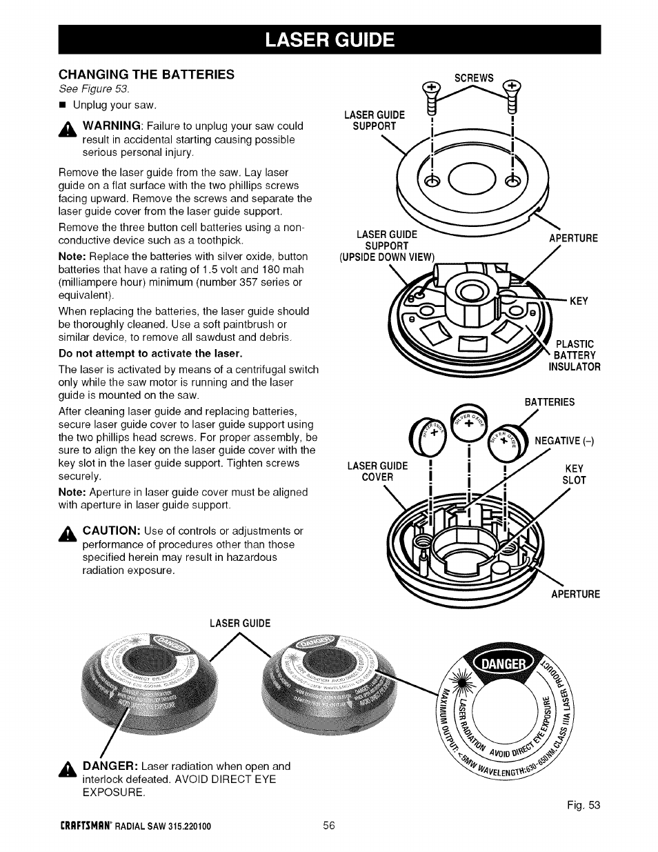 Laser guide, Changing the batteries | Sears 315.220100 User Manual | Page 56 / 86