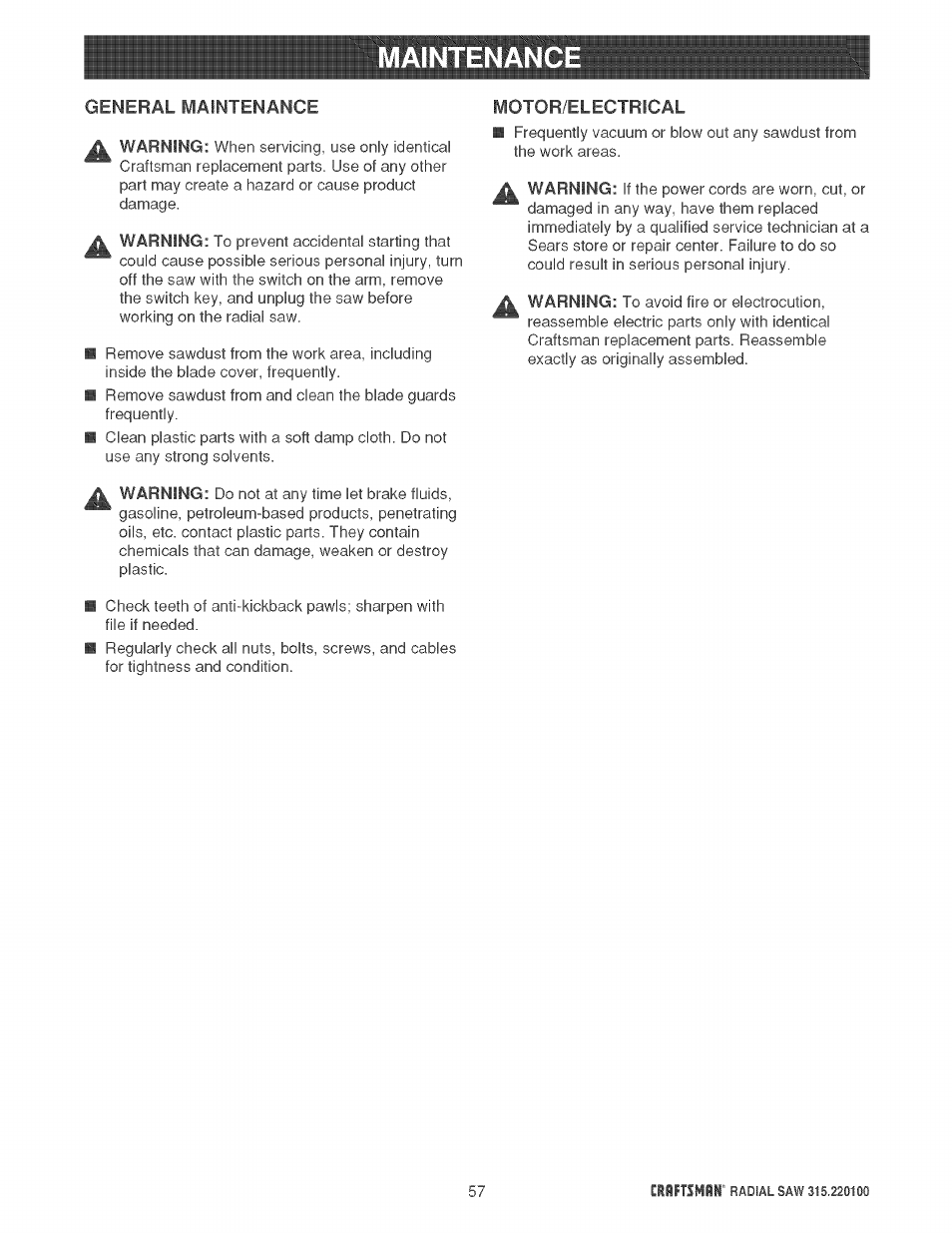 Maintenanc | Sears 315.220100 User Manual | Page 57 / 86