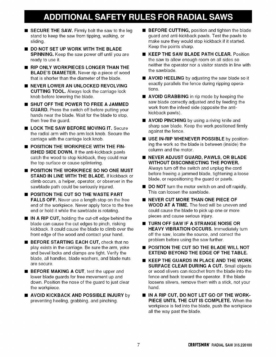 Additional safety rules for radial saws | Sears 315.220100 User Manual | Page 7 / 86