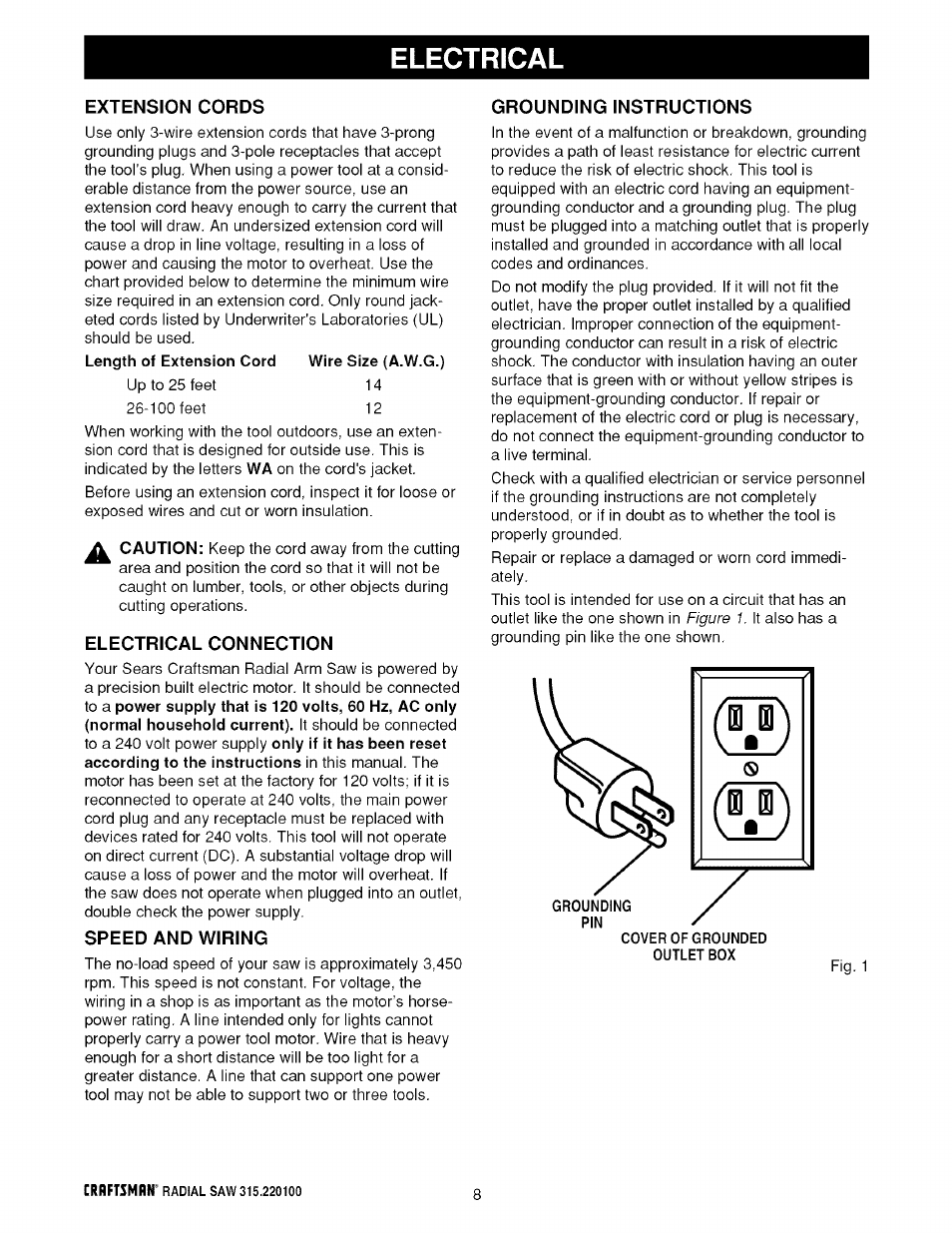 Electrical, Extension cords, Electrical connection | Speed and wiring, Grounding instructions, Electrical -9 | Sears 315.220100 User Manual | Page 8 / 86