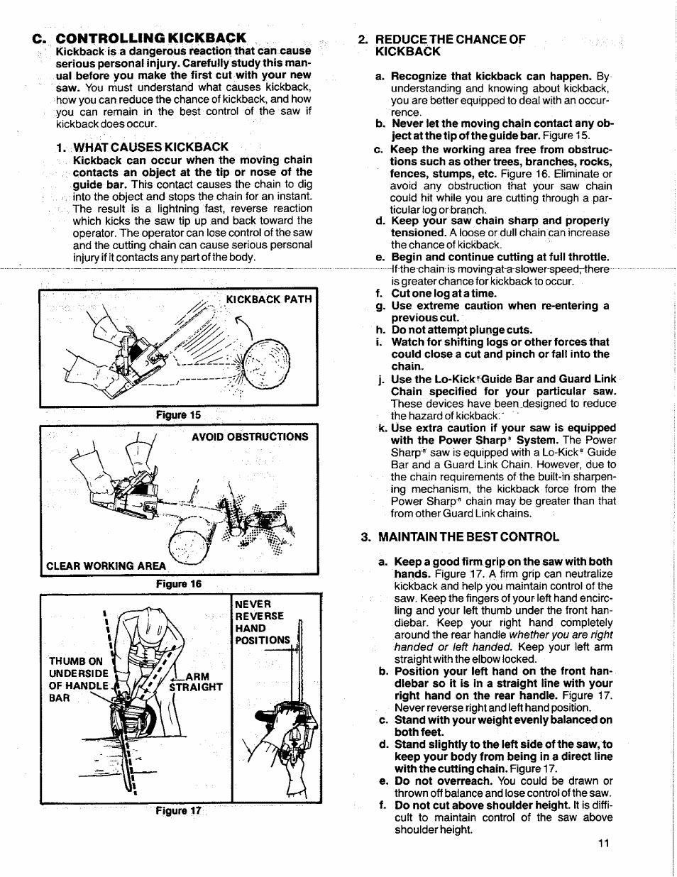 Controlling kickback | Sears 358.356090-3.7/20" User Manual | Page 11 / 36