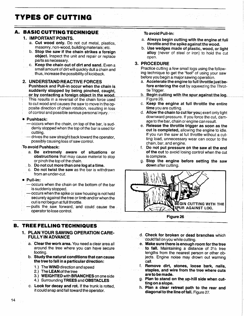 Types of cutting, Basic cutting technique, Pushback | To avoid pull-in, B. tree felling techniques | Sears 358.356090-3.7/20" User Manual | Page 14 / 36