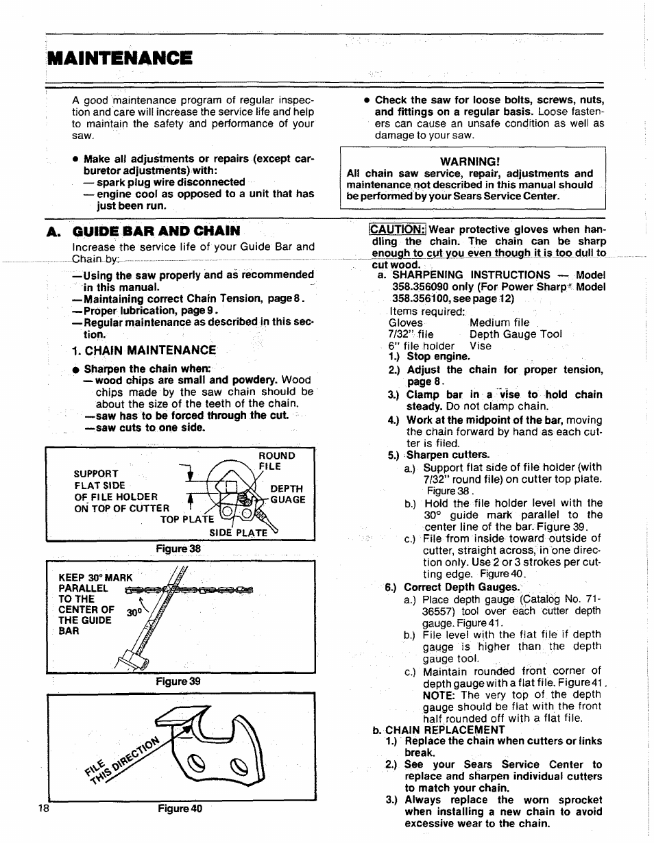 Chain maintenance, Bar and chain | Sears 358.356090-3.7/20" User Manual | Page 18 / 36