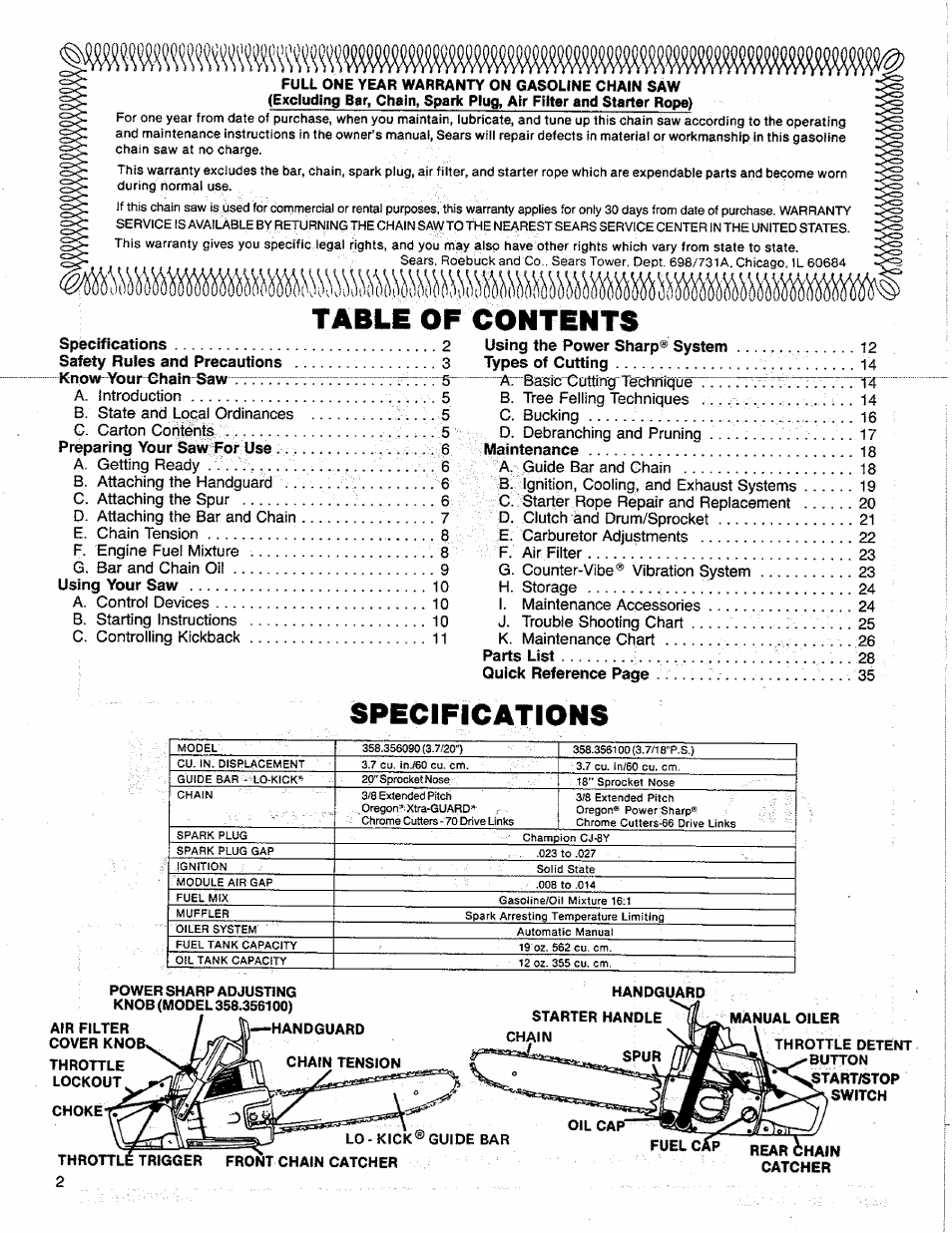 Sears 358.356090-3.7/20" User Manual | Page 2 / 36