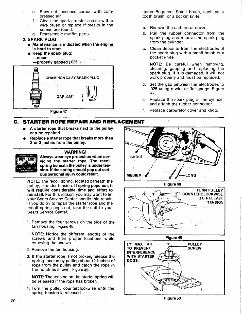 C. starter rope repair and replacement | Sears 358.356090-3.7/20" User Manual | Page 20 / 36