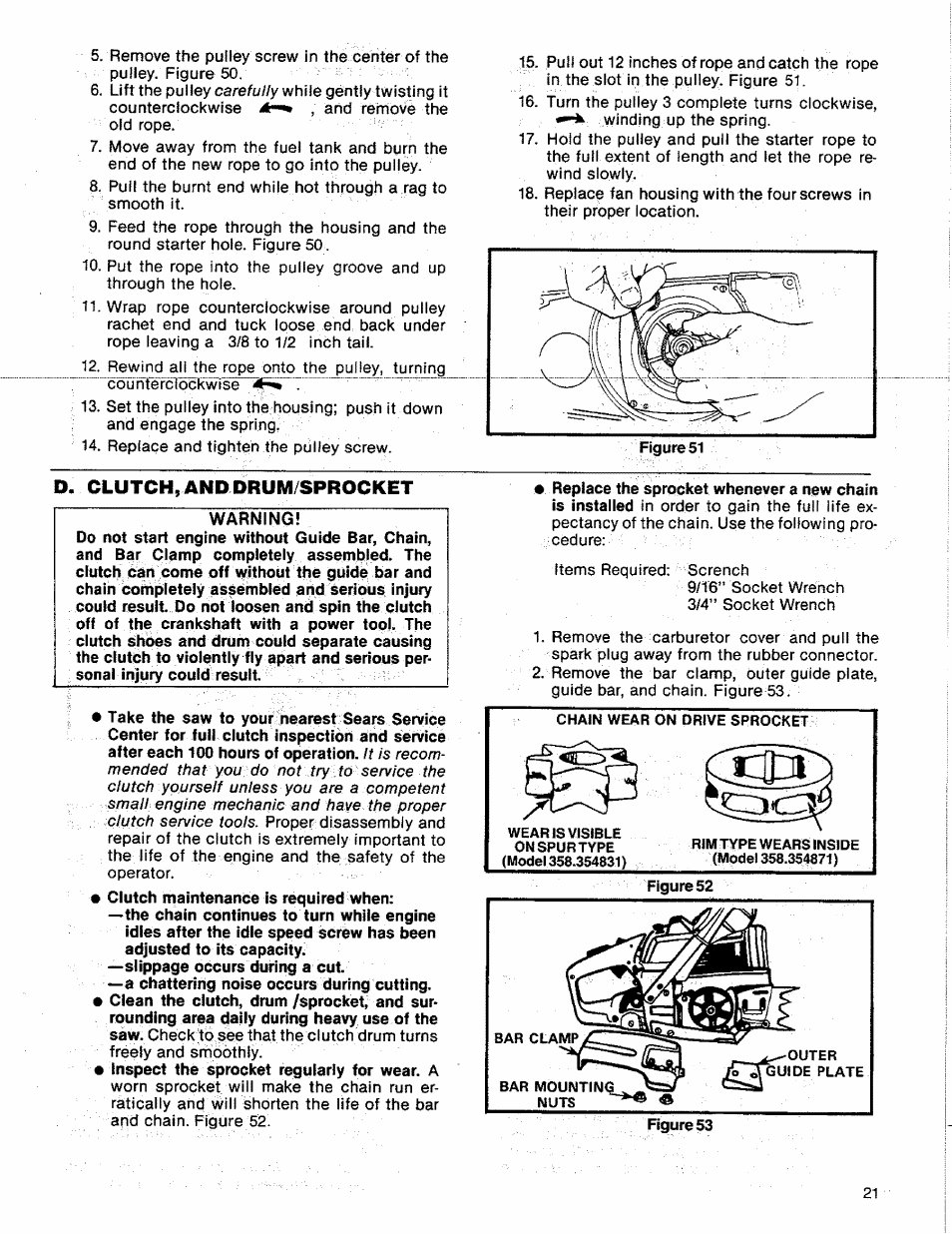 O. clutch, and drum/sprocket, D. clutch and drum/sprocket | Sears 358.356090-3.7/20" User Manual | Page 21 / 36