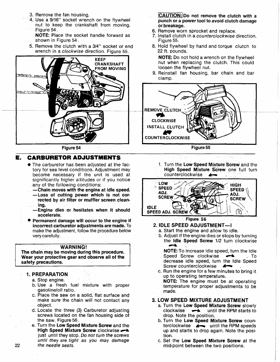 E. carburetor ad4ustments, E. carburetor adjustments | Sears 358.356090-3.7/20" User Manual | Page 22 / 36