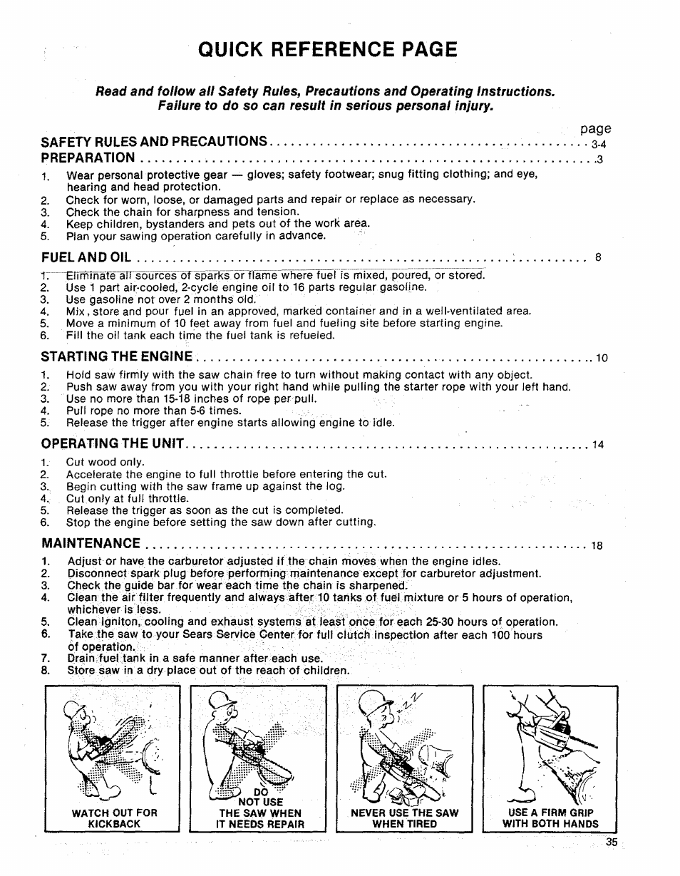 Quick reference page | Sears 358.356090-3.7/20" User Manual | Page 35 / 36