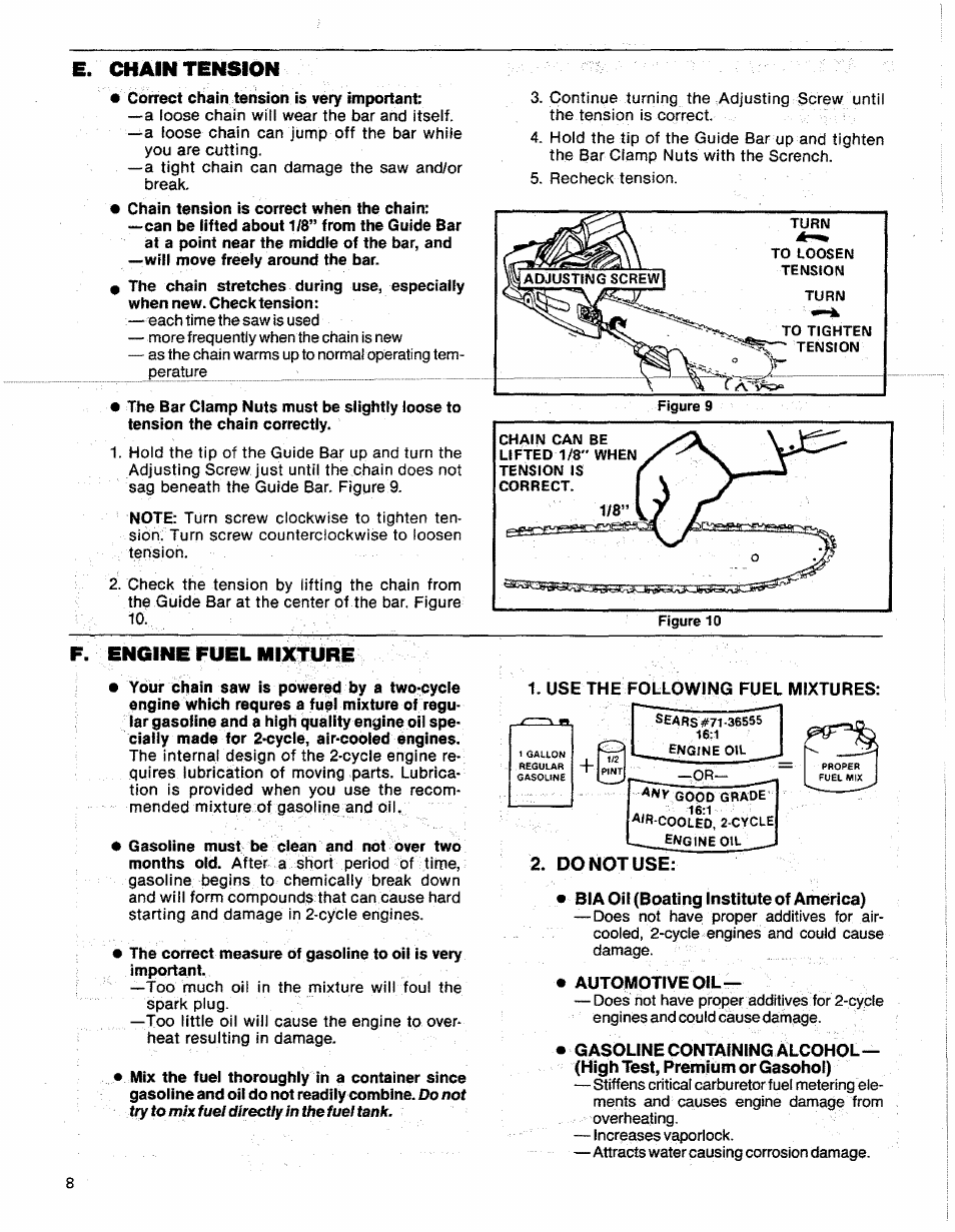 E. chain tension, F. encine fuel mixture | Sears 358.356090-3.7/20" User Manual | Page 8 / 36