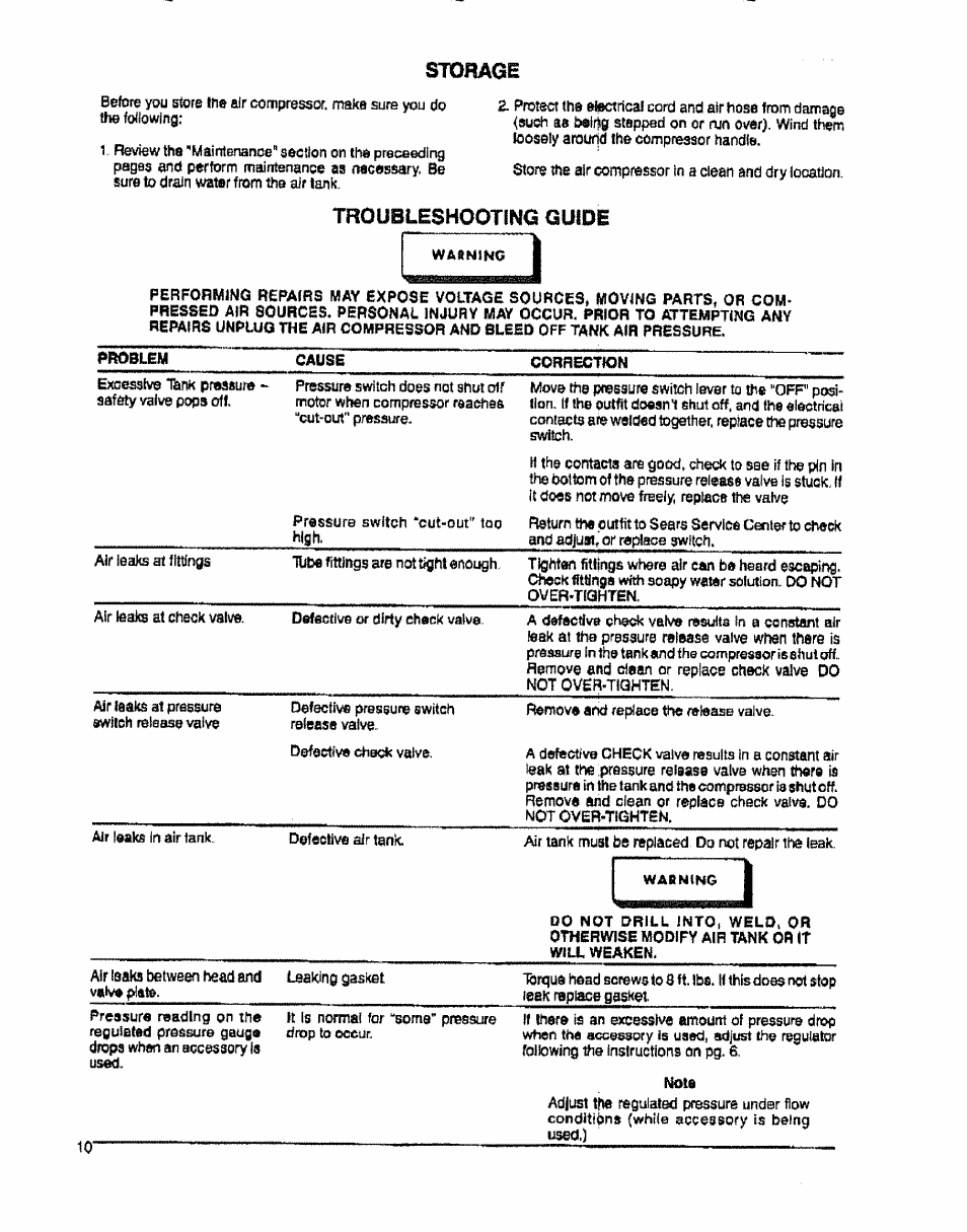 Storage, Troubleshooting guide | Sears 919.15412 User Manual | Page 10 / 16