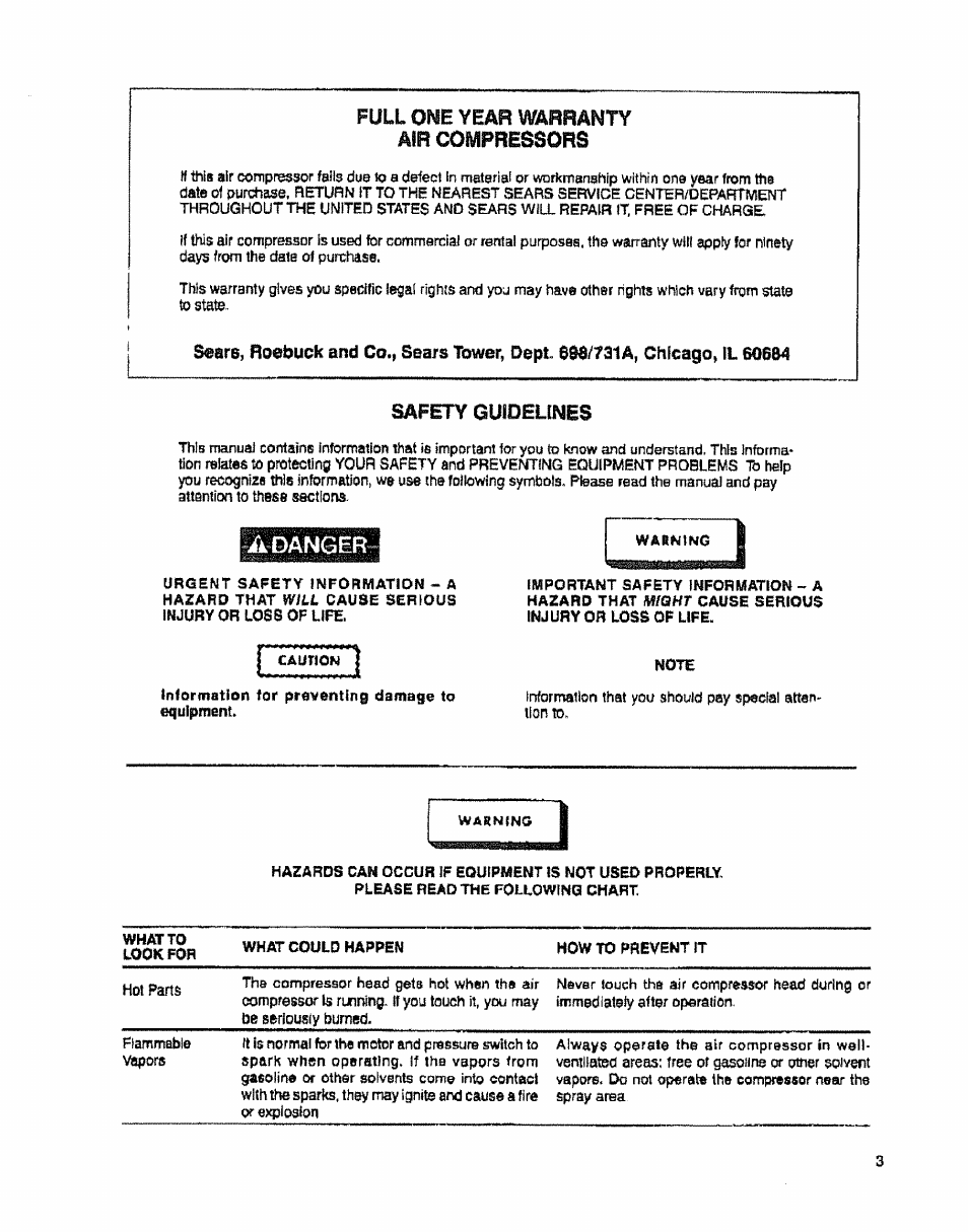 Full one year warranty air compressors, Safety guidelines, Adanger | Sears 919.15412 User Manual | Page 3 / 16