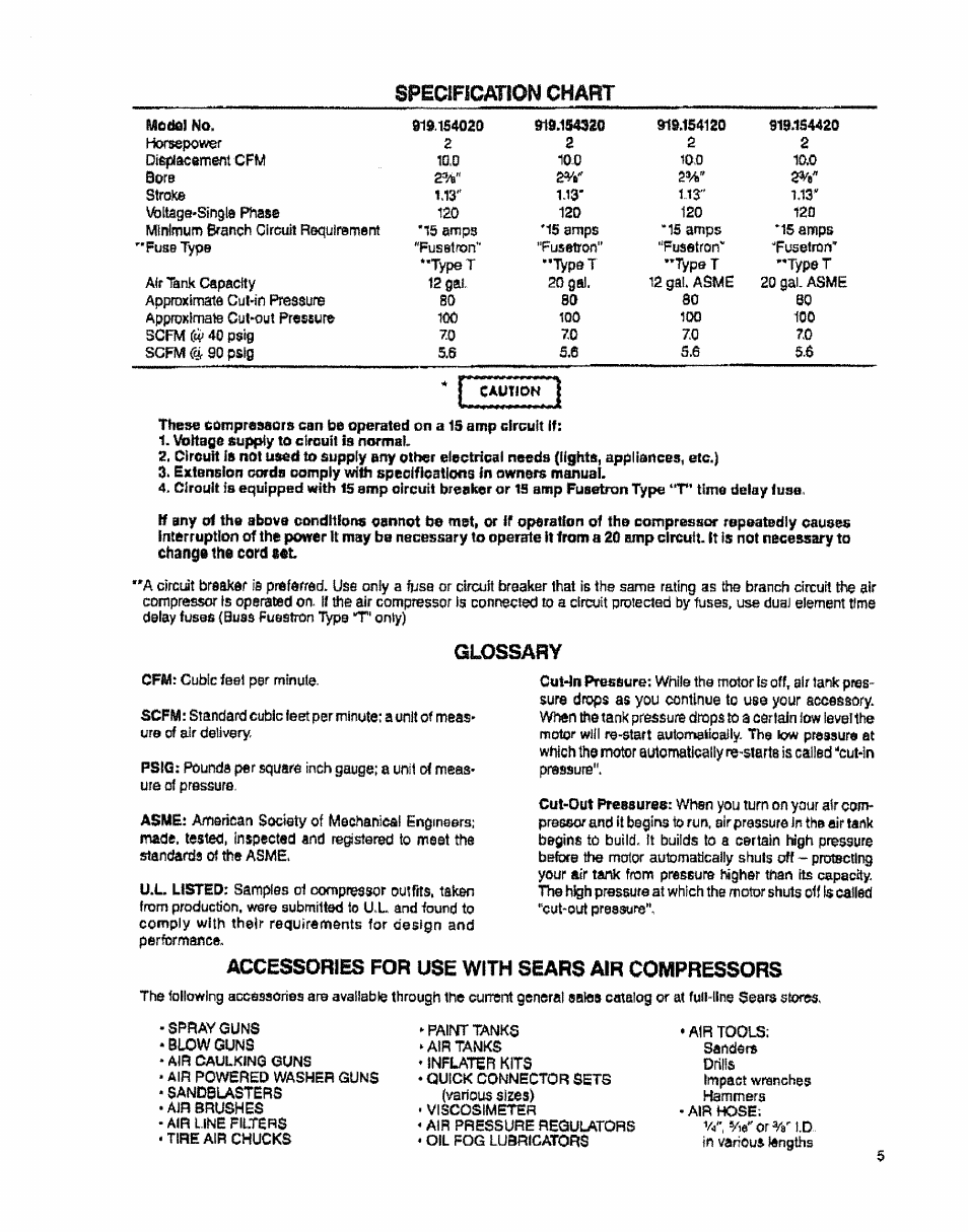 Specification chart, Glossary, Sanoeusters | Sears 919.15412 User Manual | Page 5 / 16