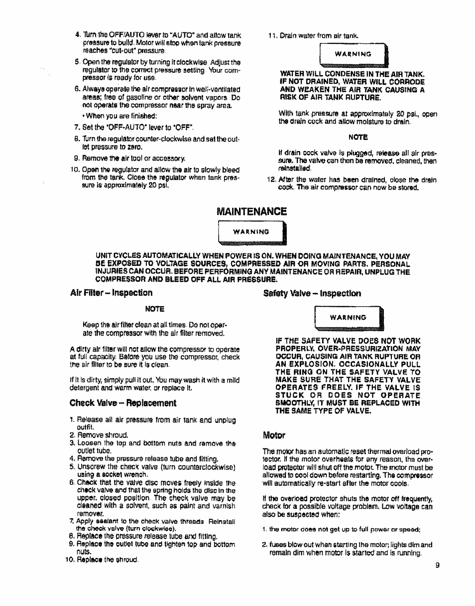 Maintenance, Air filter-inspection, Check \^lve - r«|)lacement | Setety välv® - irspecttcm, Motor | Sears 919.15412 User Manual | Page 9 / 16