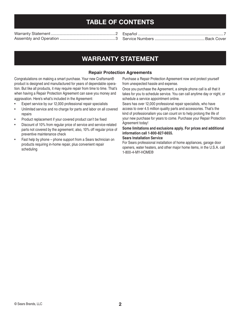 Table of contents warranty statement | Sears 33731 User Manual | Page 2 / 12