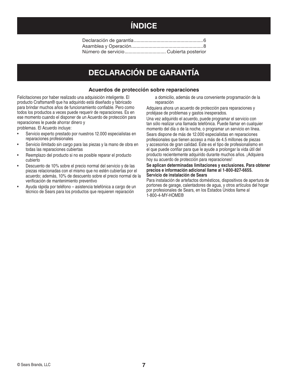 Declaración de garantía índice | Sears 33731 User Manual | Page 7 / 12