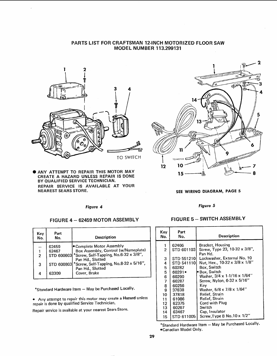 Figure 4 - 62459 motor assembly, Figure 5 - switch assembly | Sears 113.299131 User Manual | Page 29 / 32