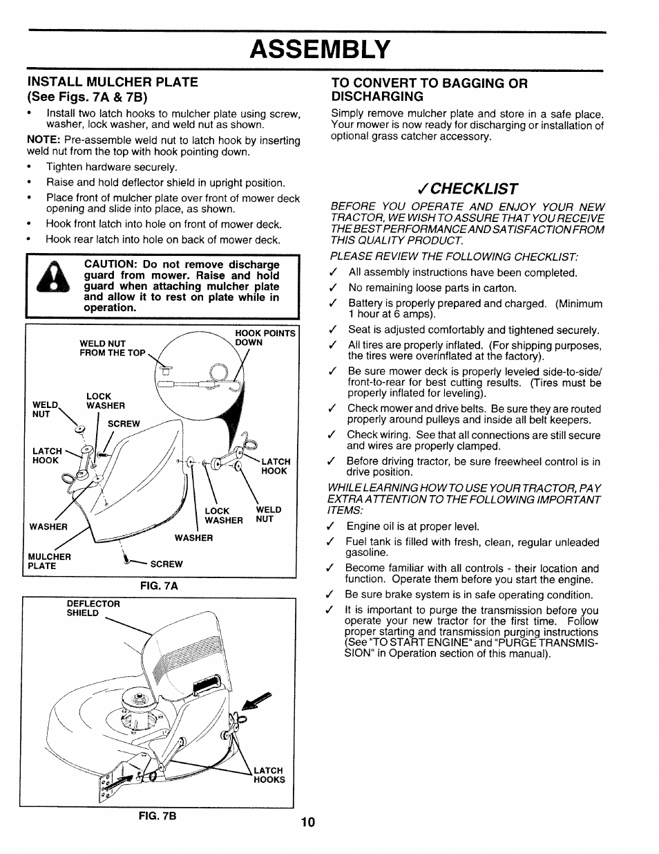 Install mulcher plate (see figs. 7a & 7b), To convert to bagging or discharging, Assembly | Checklist | Sears 917.25271 User Manual | Page 10 / 120