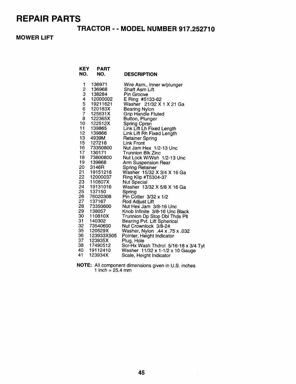 Mower lift, Repair parts | Sears 917.25271 User Manual | Page 105 / 120