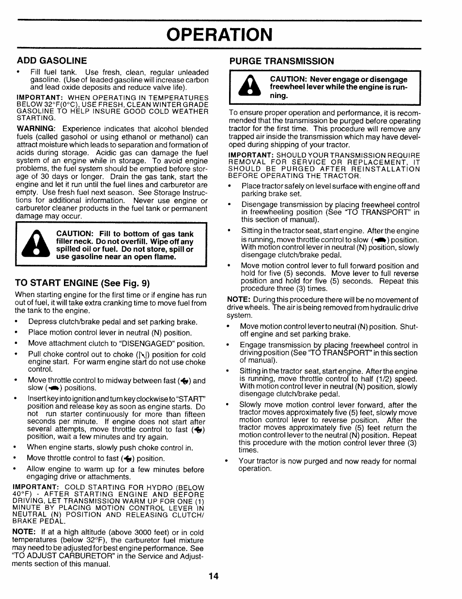 Add gasoline, Purge transmission, To start engine (see fig. 9) | Operation | Sears 917.25271 User Manual | Page 14 / 120