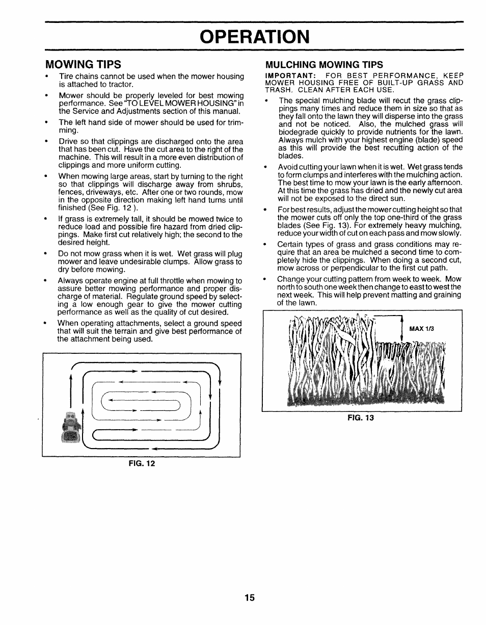 Mowing tips, Mulching mowing tips, Operation | Sears 917.25271 User Manual | Page 15 / 120