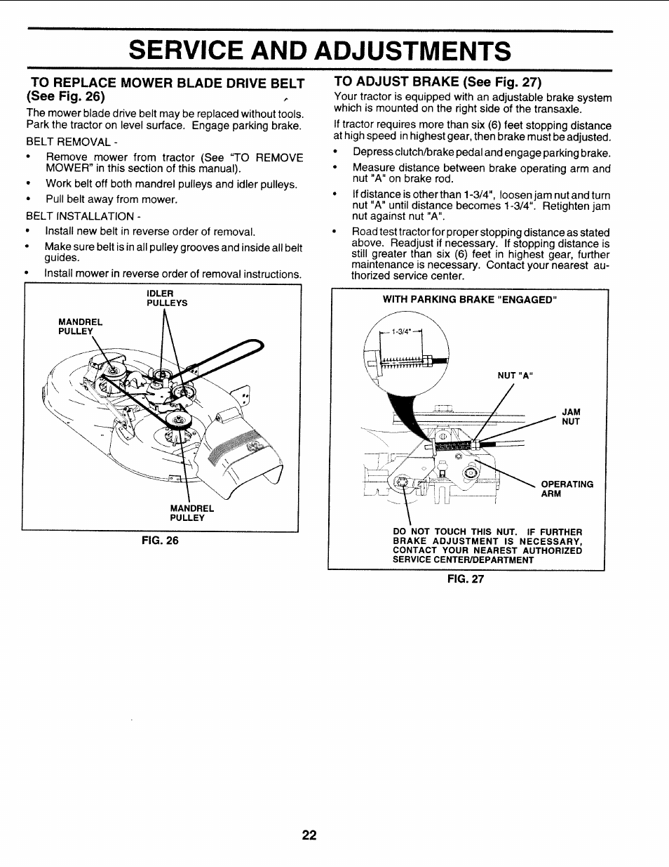 To replace mower blade drive belt (see fig. 26), To adjust brake (see fig. 27), Service and adjustments | Sears 917.25271 User Manual | Page 22 / 120
