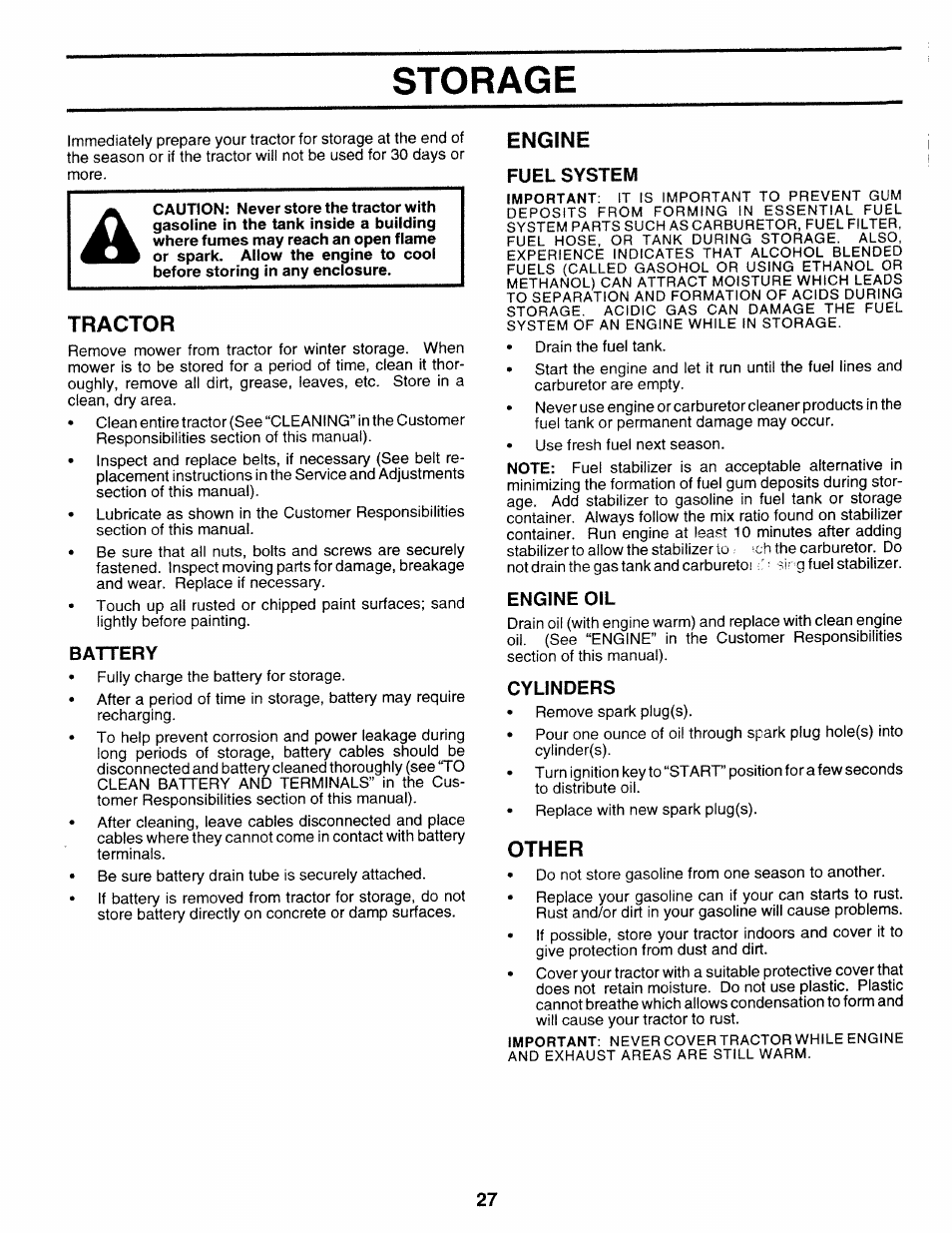 Storage, Tractor, Battery | Engine, Fuel system, Engine oil, Cylinders, Other | Sears 917.25271 User Manual | Page 27 / 120