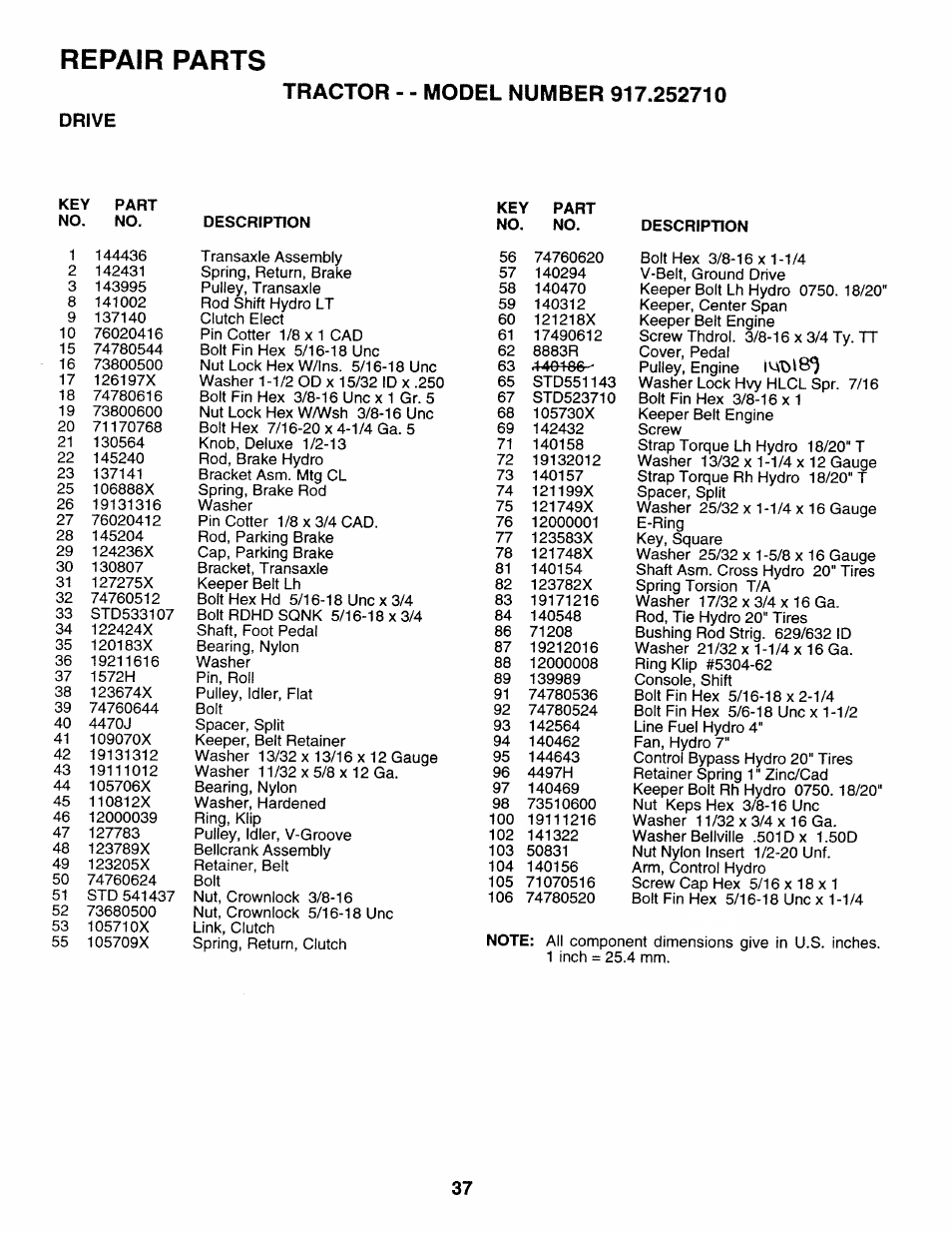 Drive, Repair parts | Sears 917.25271 User Manual | Page 37 / 120