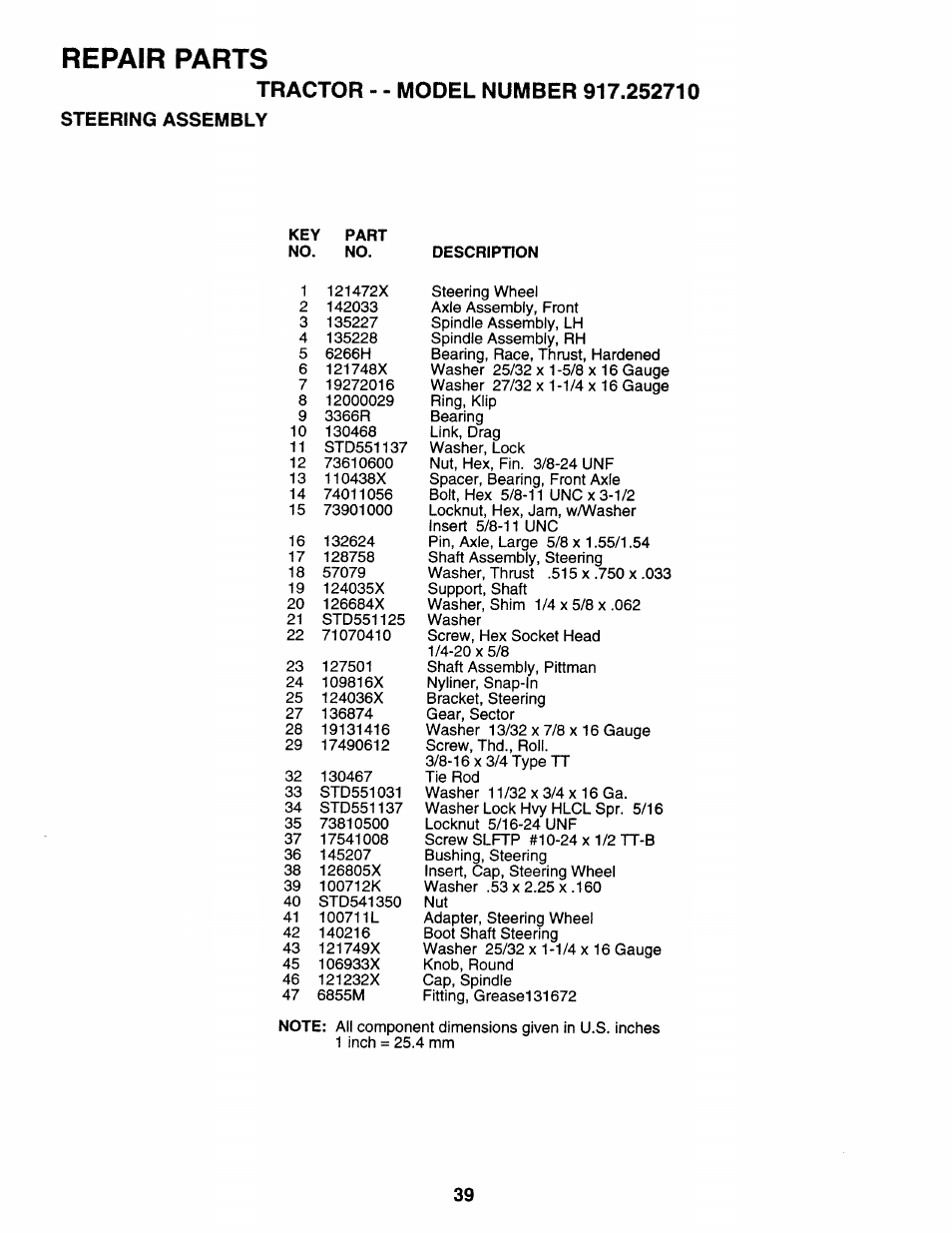 Repair parts, Tractor, Steering assembly | Sears 917.25271 User Manual | Page 39 / 120