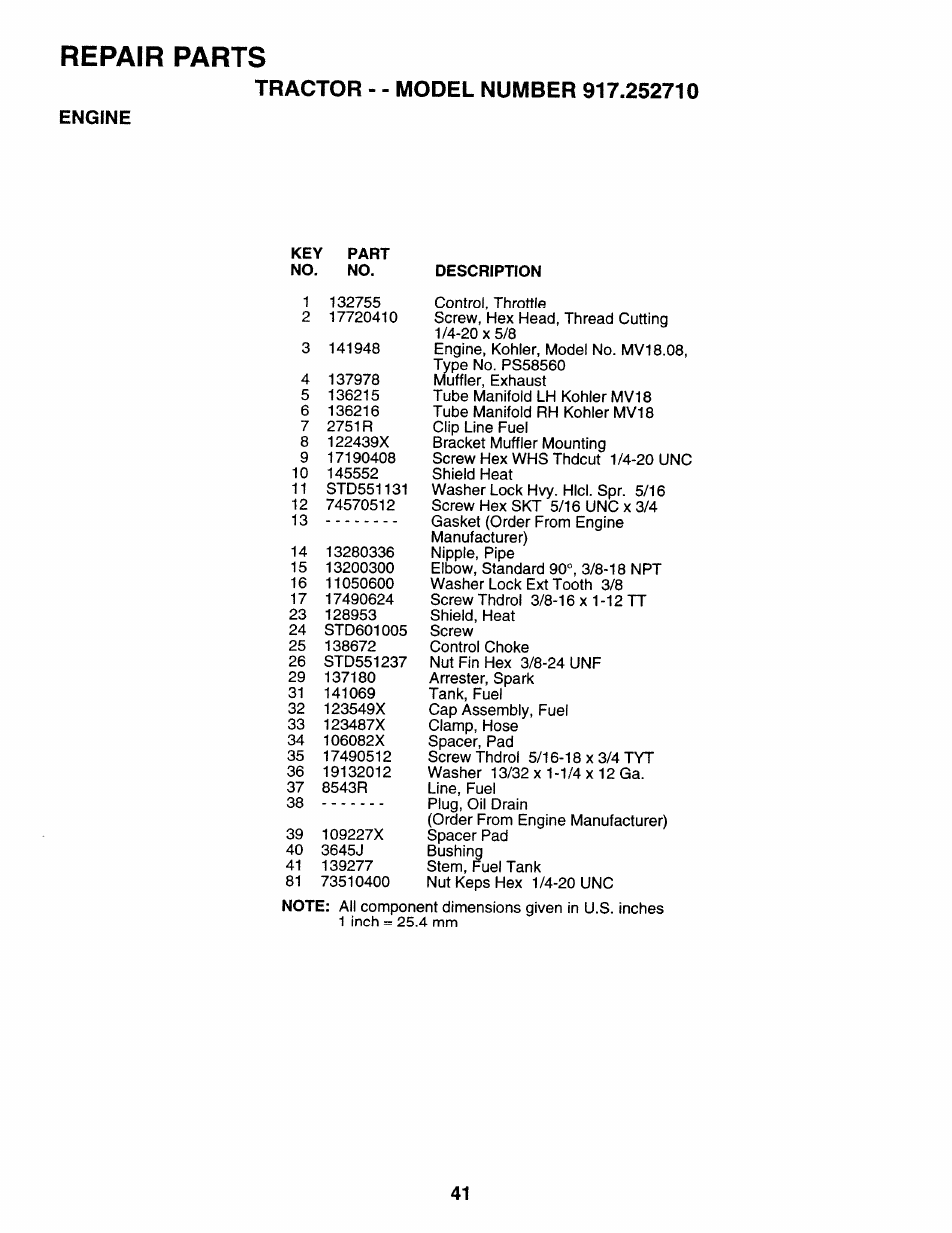 Engine, Repair parts | Sears 917.25271 User Manual | Page 41 / 120