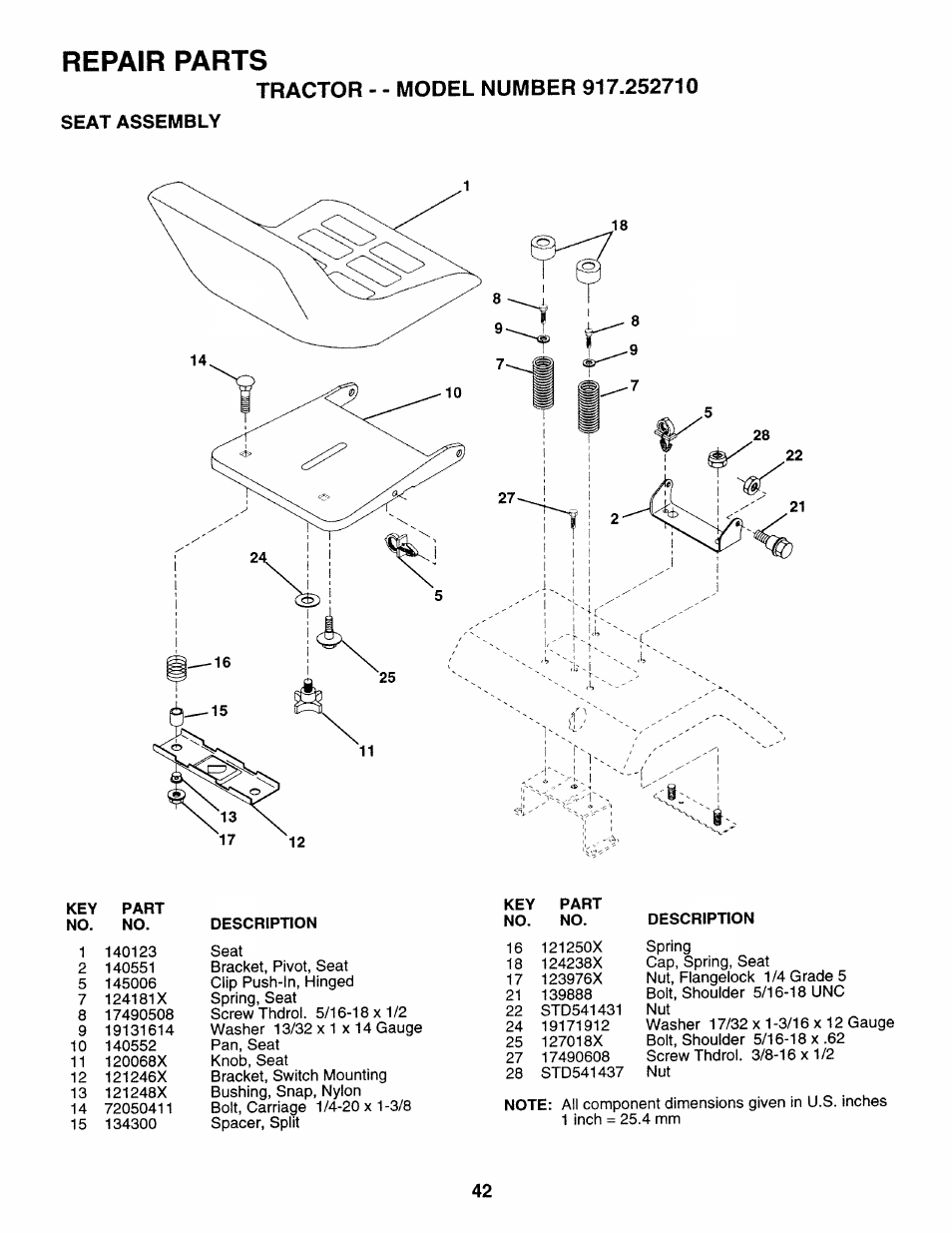 Seat assembly, Repair parts | Sears 917.25271 User Manual | Page 42 / 120