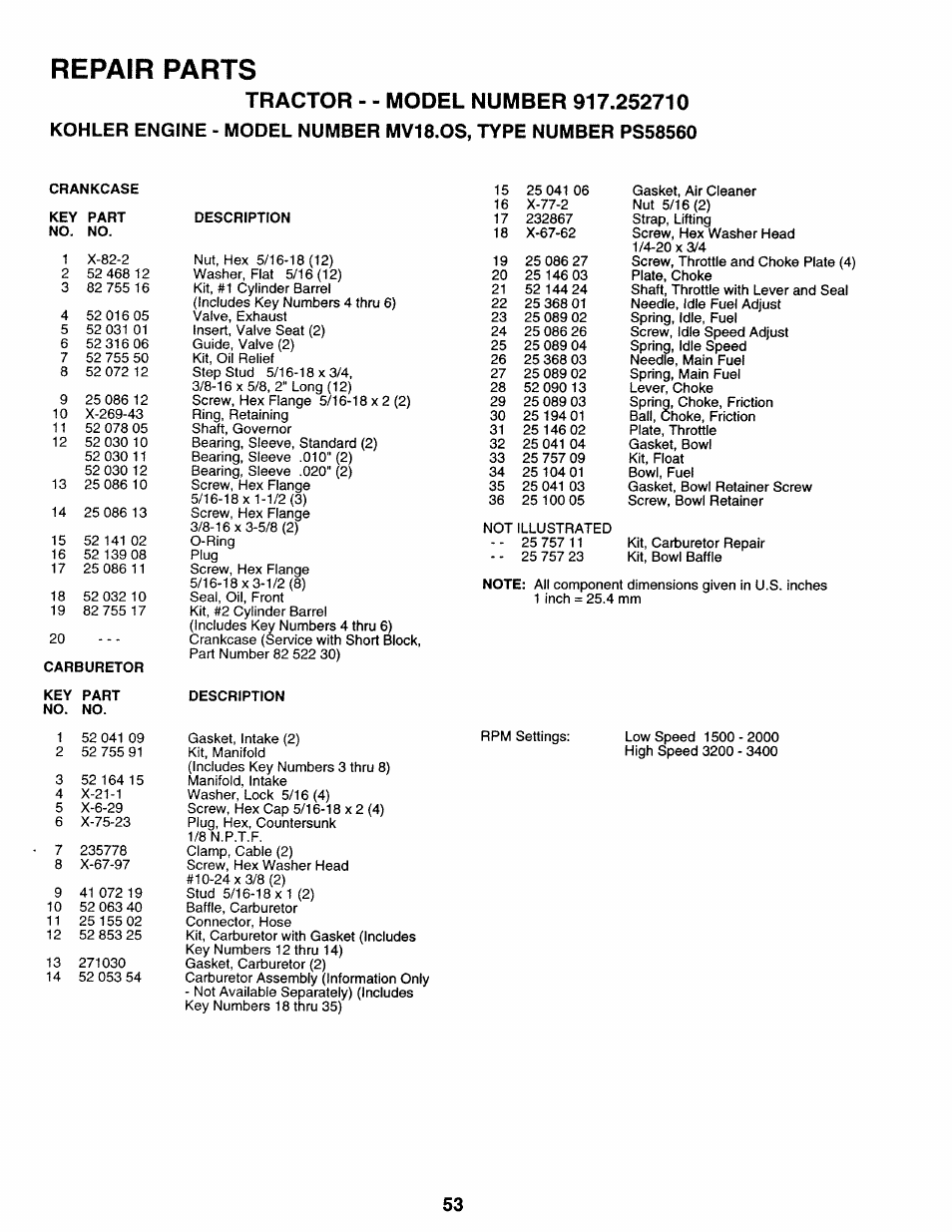 Repair parts | Sears 917.25271 User Manual | Page 53 / 120
