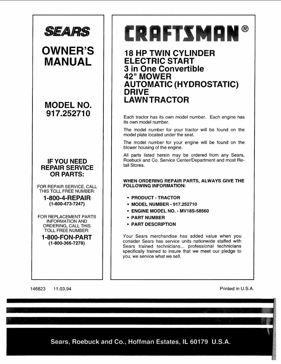If you need repair service or parts, 800-4-repair, 800-fon-part | Owner’s manual | Sears 917.25271 User Manual | Page 60 / 120
