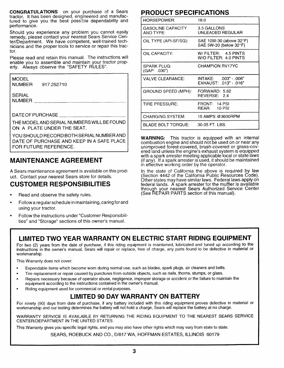 Product specifications, Maintenance agreement, Customer responsibilities | Limited 90 day warranty on battery | Sears 917.25271 User Manual | Page 63 / 120