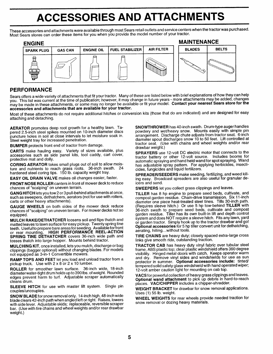 Accessories and attachments, Maintenance, Performance | Sears 917.25271 User Manual | Page 65 / 120