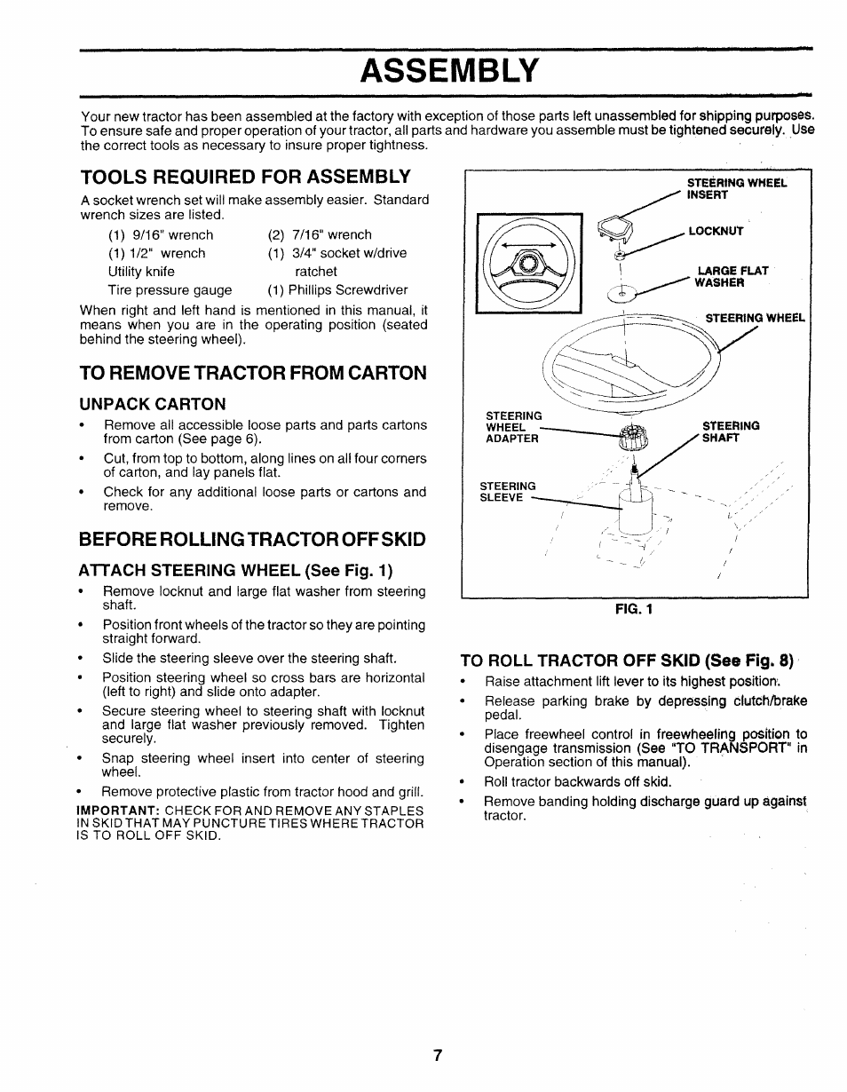 Tools required for assembly, To remove tractor from carton, Unpack carton | Beforerollingtractoroffskid, Attach steering wheel (see fig. 1), To roll tractor off skid (see fig. 8), Assembly | Sears 917.25271 User Manual | Page 67 / 120