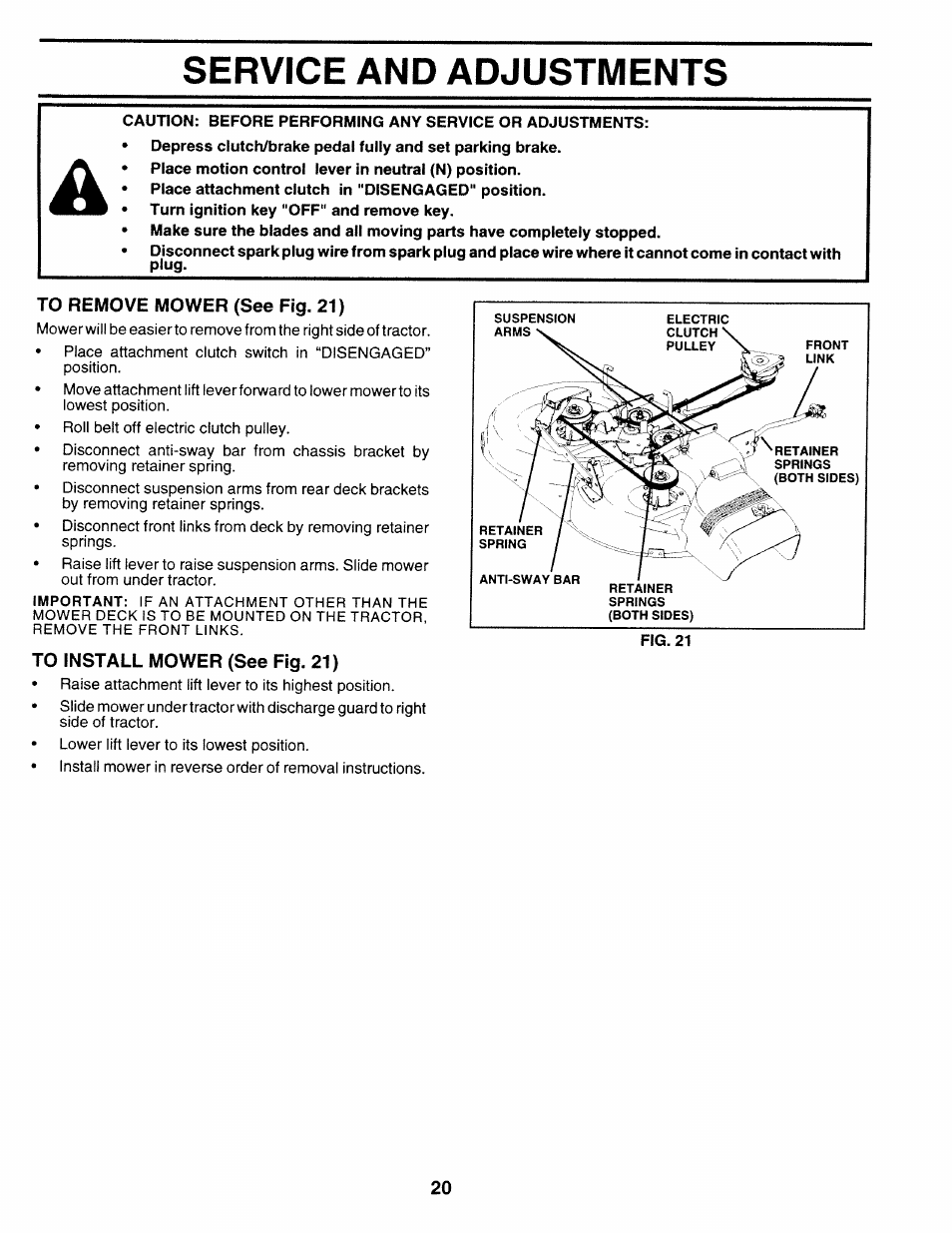 To remove mower (see fig. 21), To install mower (see fig. 21), Service and adjustments | Sears 917.25271 User Manual | Page 80 / 120