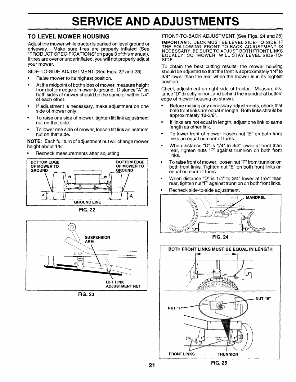 To level mower housing, Service and adjustments | Sears 917.25271 User Manual | Page 81 / 120