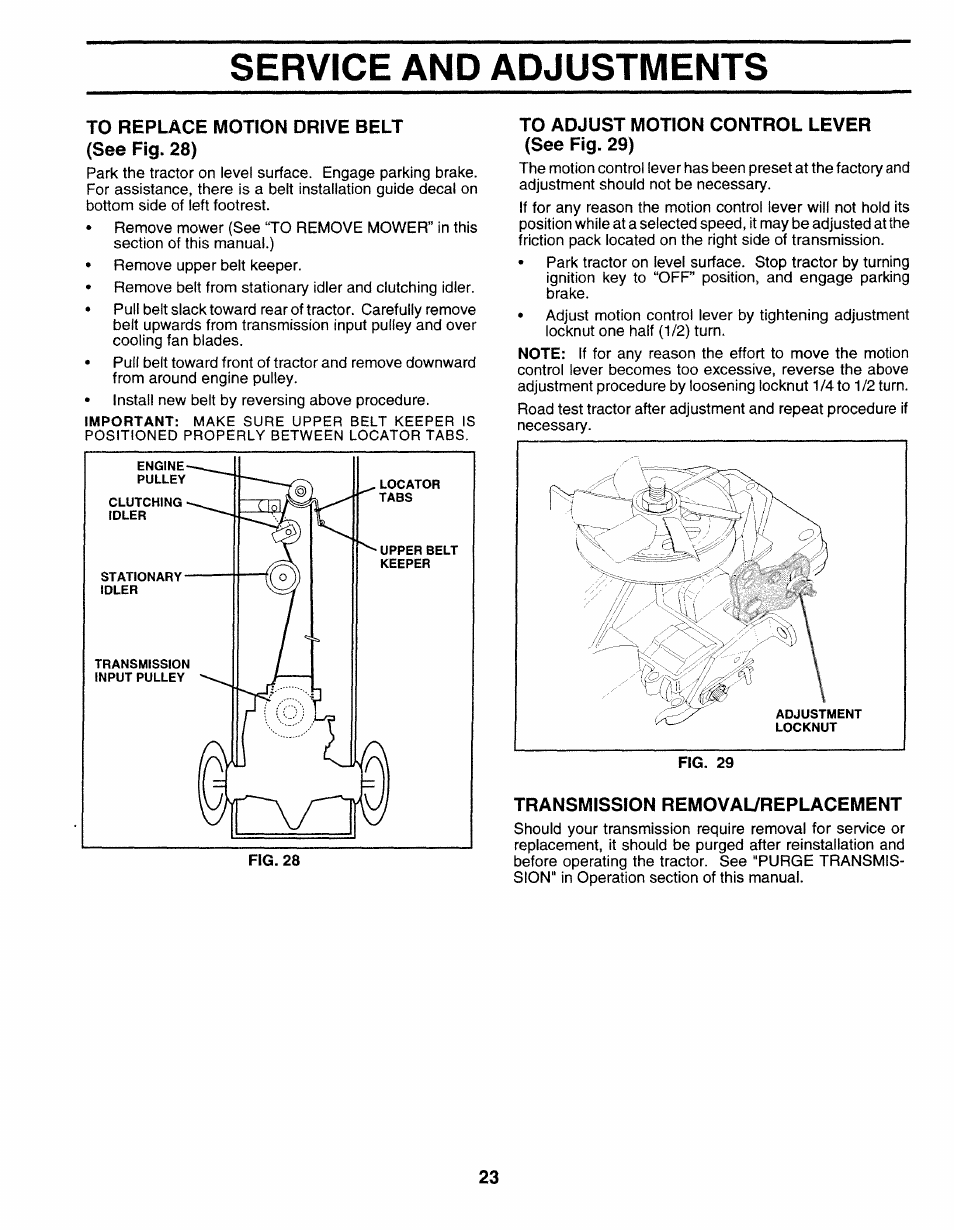 To replace motion drive belt (see fig. 28), To adjust motion control lever (see fig. 29), Transmission removaureplacement | Service and adjustments | Sears 917.25271 User Manual | Page 83 / 120