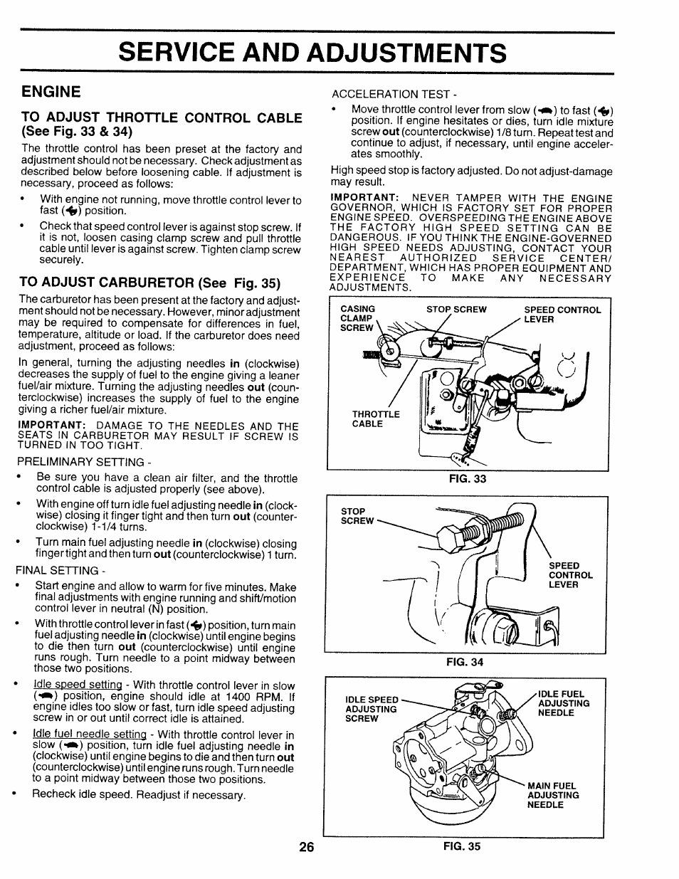 Engine, To adjust carburetor (see fig. 35), Service and adjustments | Sears 917.25271 User Manual | Page 86 / 120