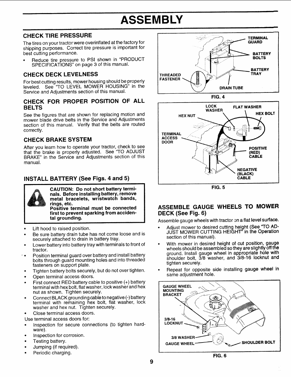 Check tire pressure, Check deck levelness, Check for proper position of all belts | Check brake system, Install battery (see figs. 4 and 5), Assemble gauge wheels to mower deck (see fig. 6), Assembly | Sears 917.25271 User Manual | Page 9 / 120