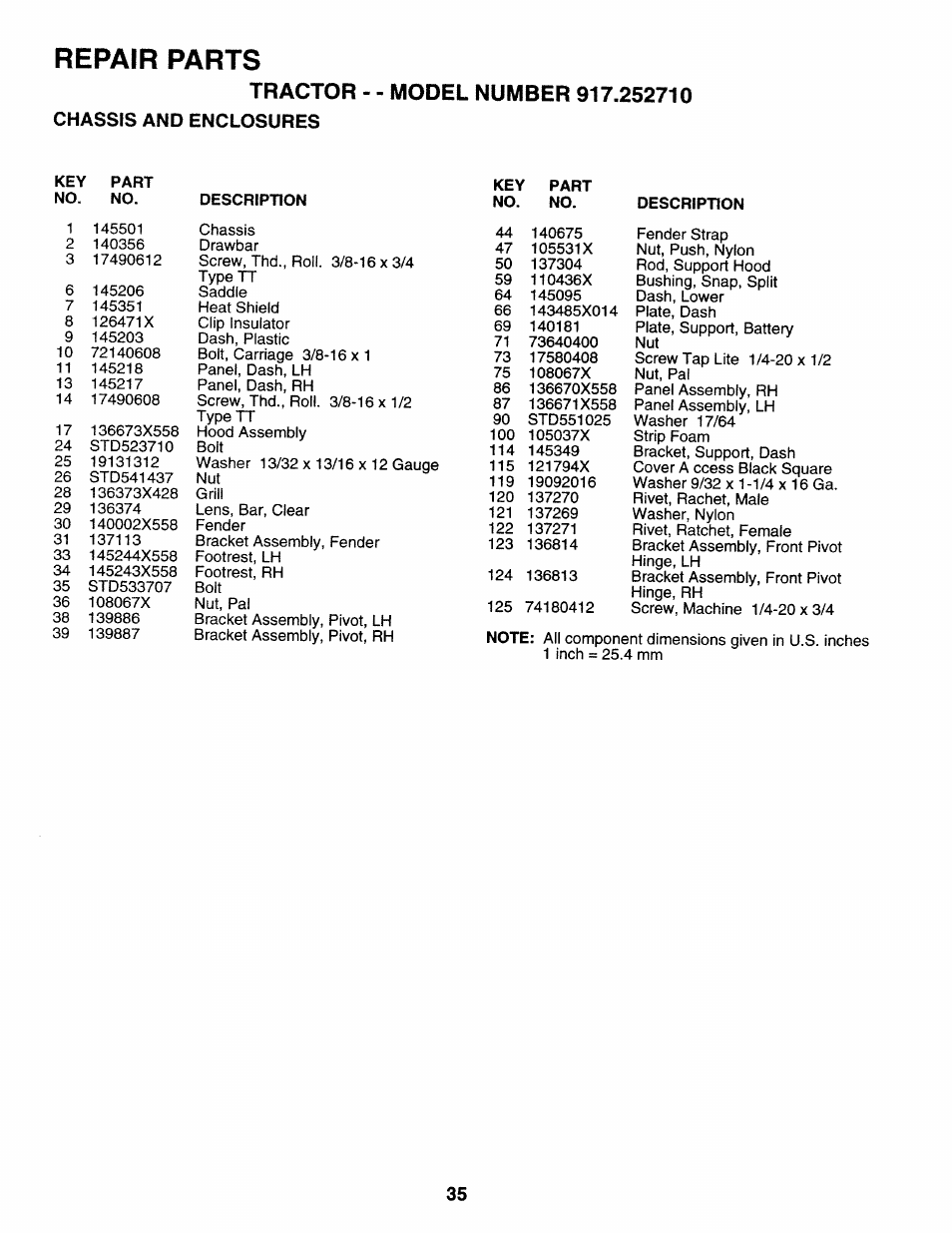 Repair parts, Tractor, Chassis and enclosures | Sears 917.25271 User Manual | Page 95 / 120