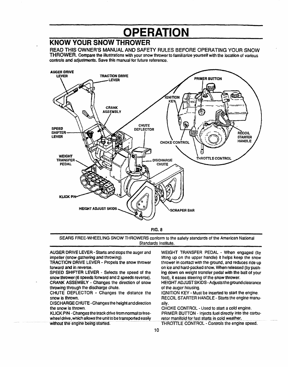 Operation, Know your snow thrower | Sears 536.884821 User Manual | Page 10 / 44