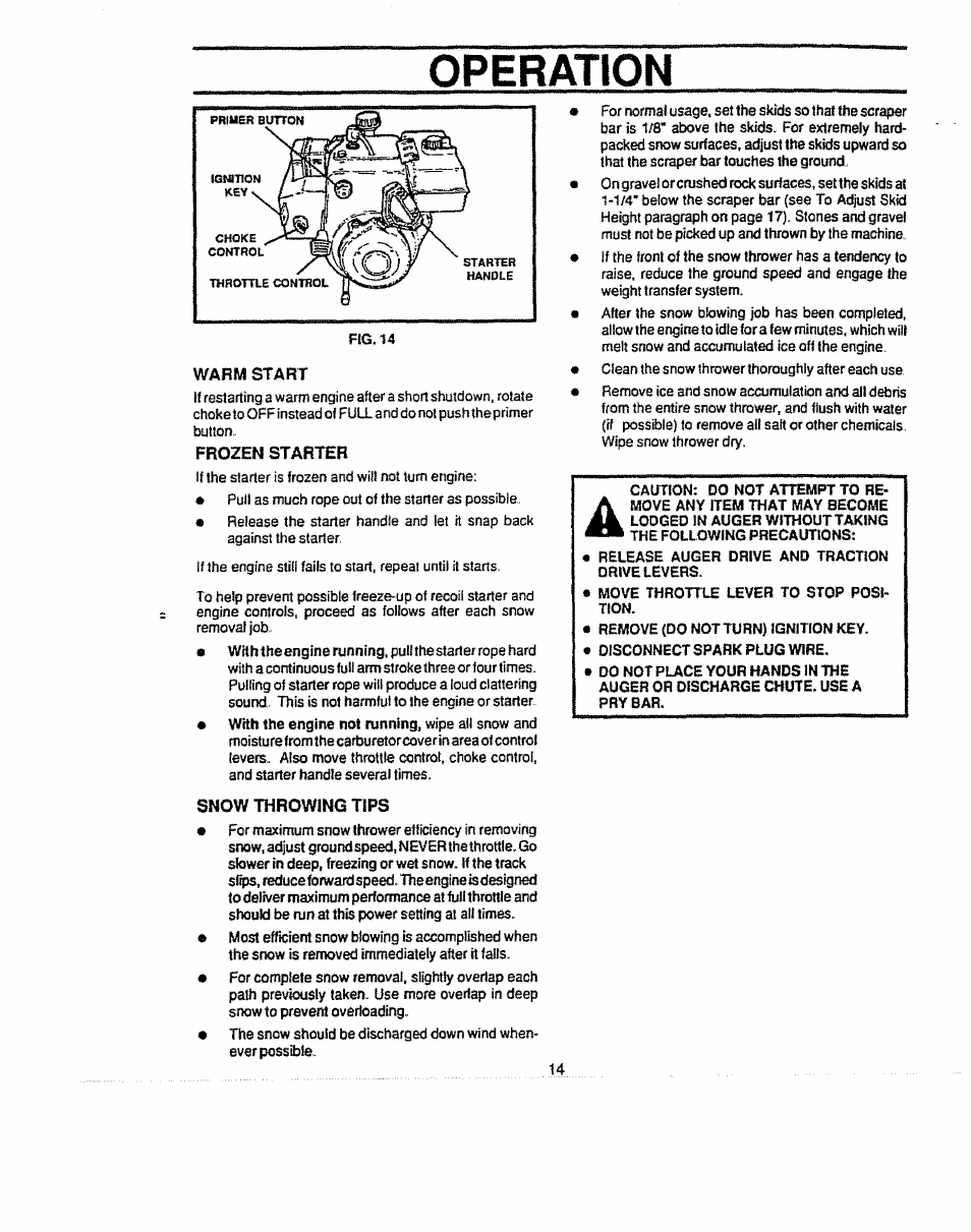 Warm start, Frozen starter, Snow throwing tips | Operation | Sears 536.884821 User Manual | Page 14 / 44