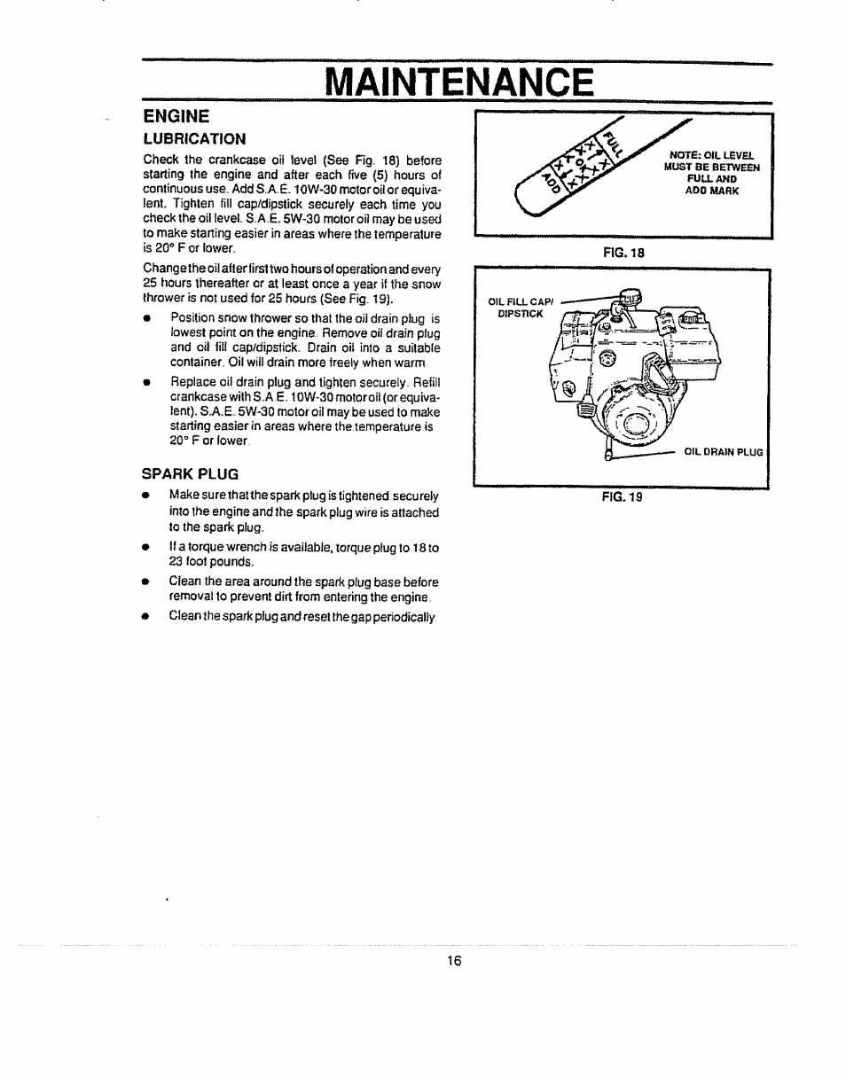 Engine, Lubrication, Spark plug | Engine ,16, Maintenance | Sears 536.884821 User Manual | Page 16 / 44